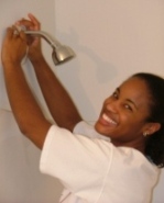 Roz marking off the shower